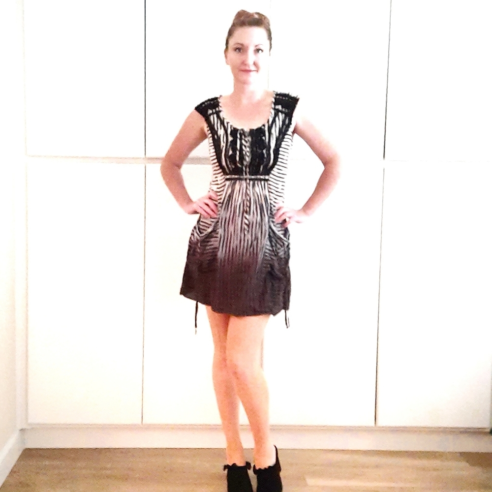 Nanette Lepore silk dress black, cream, browns 2